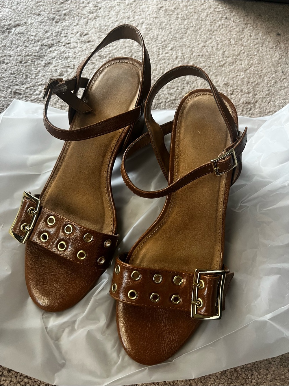 AEROSOLES Brown Leather Ankle-Strap Sandals with Grommet Accents